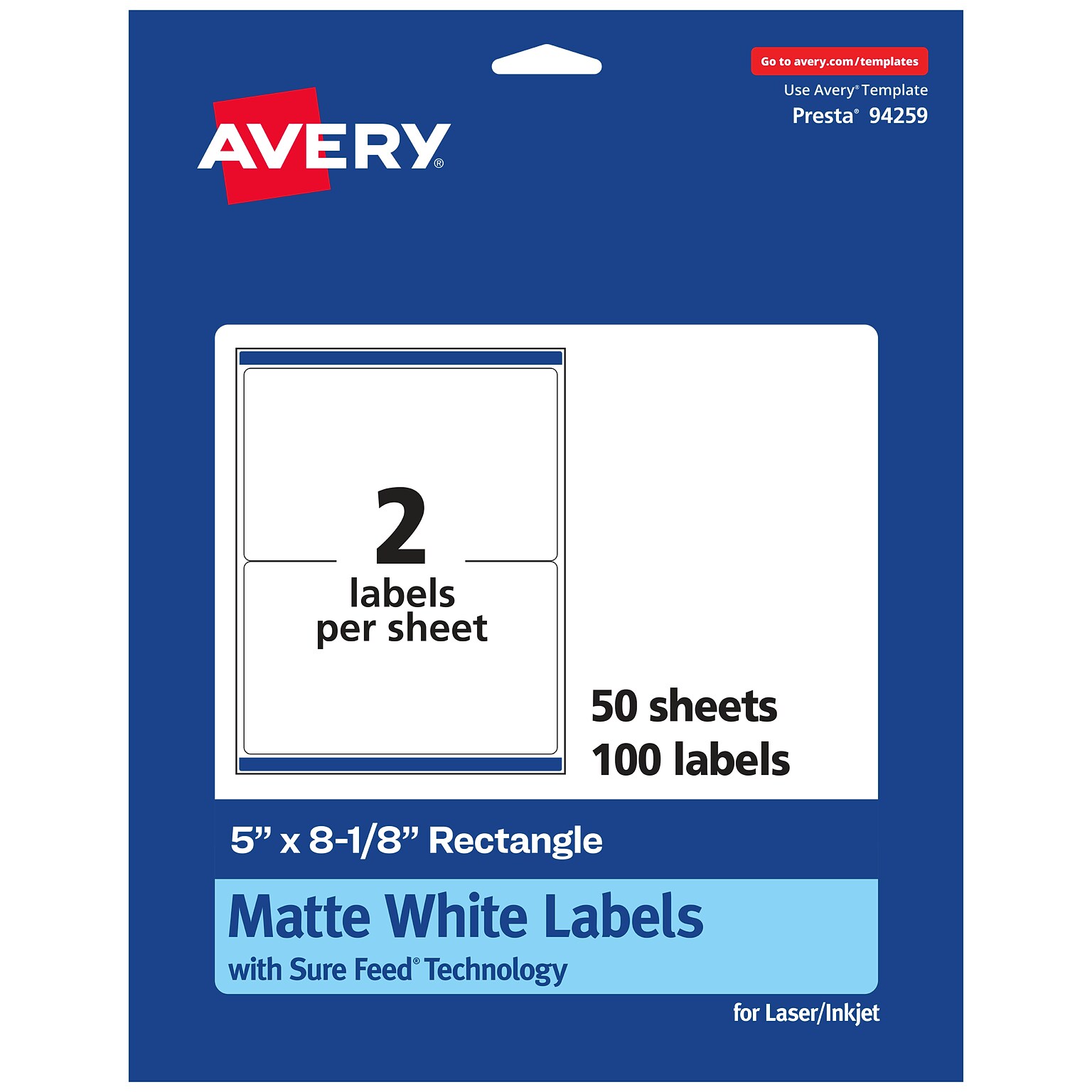 Avery Laser/Inkjet Multipurpose Labels, White, 2 Labels/Sheet, 50 Sheets/Pack (94259-WMP50)
