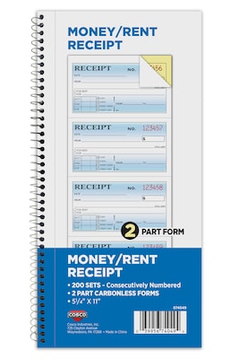 Cosco 2-Part Carbonless Receipts, 5.25 x 11, 200 Sets/Book (074049)