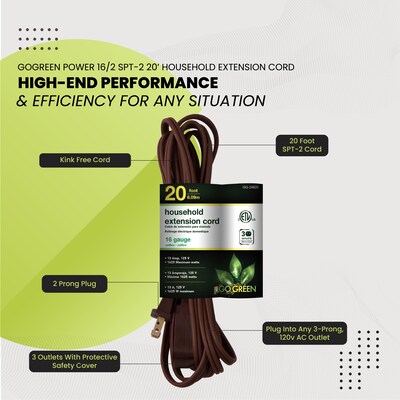 GoGreen Power 20' Extension Cords, 3-Outlet, 16 AWG, Brown, 3/Pack (GG-24820-3)