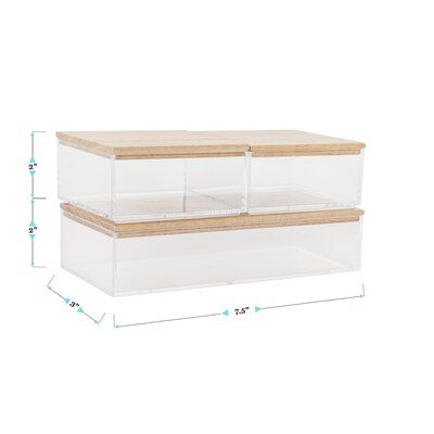 Martha Stewart Brody Plastic Storage Organizer Bin with Light Natural Paulownia Wood Lid, Clear, 3/Set (BEPB3316WD3CLNT)
