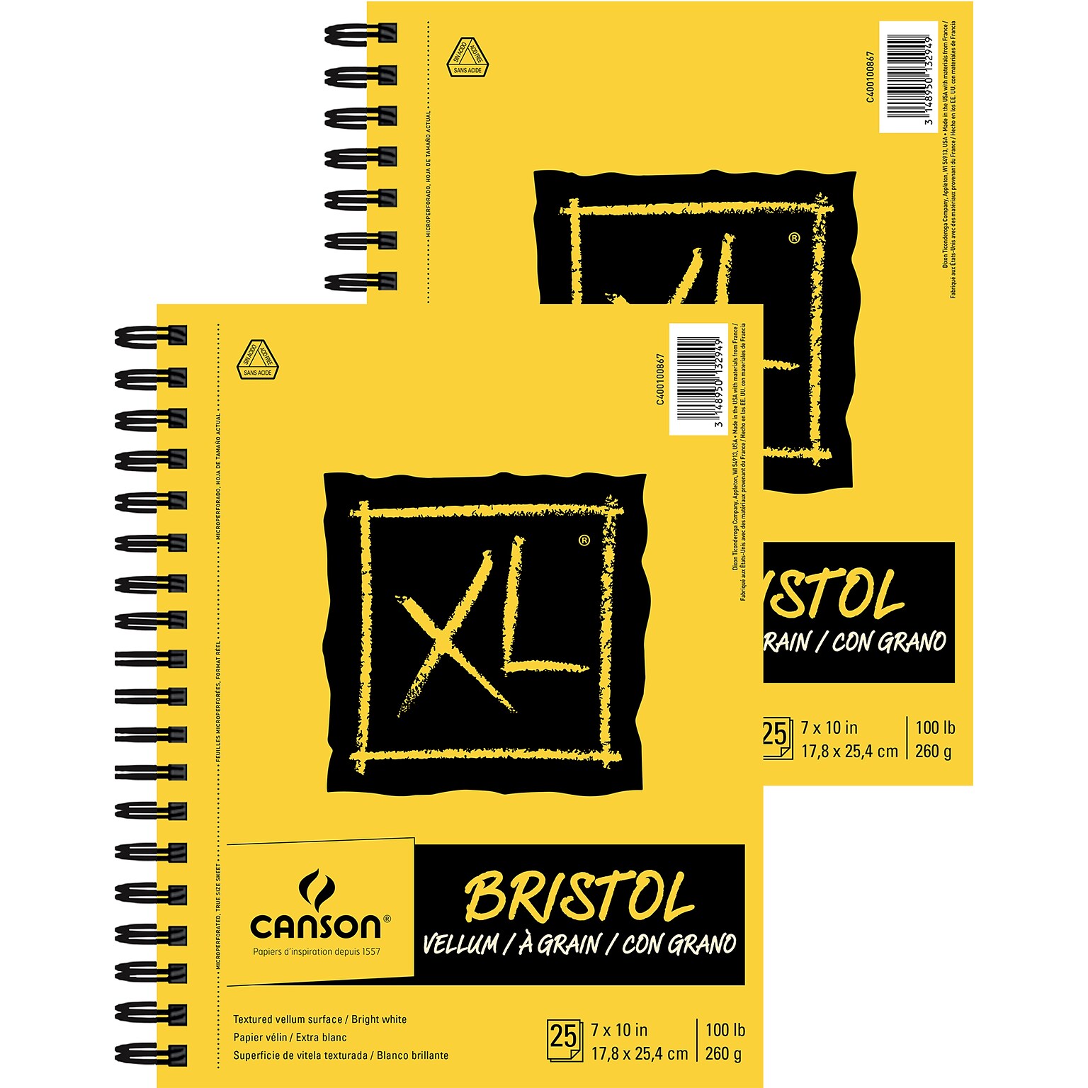Canson XL Series 7 x 10 Wire Bound Bristol Sketch Pad, 25 Sheets/Pad, 2/Bundle (MCXC400100867-2)