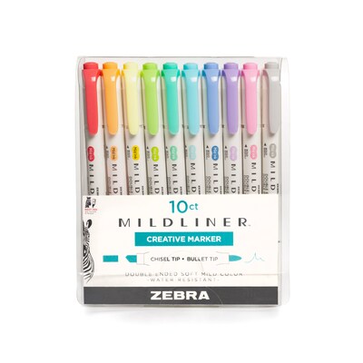 Zebra Mildliner Twin Tip Highlighters, Bullet/Chisel Tip, Complete Assorted, 10/Pack (78101)