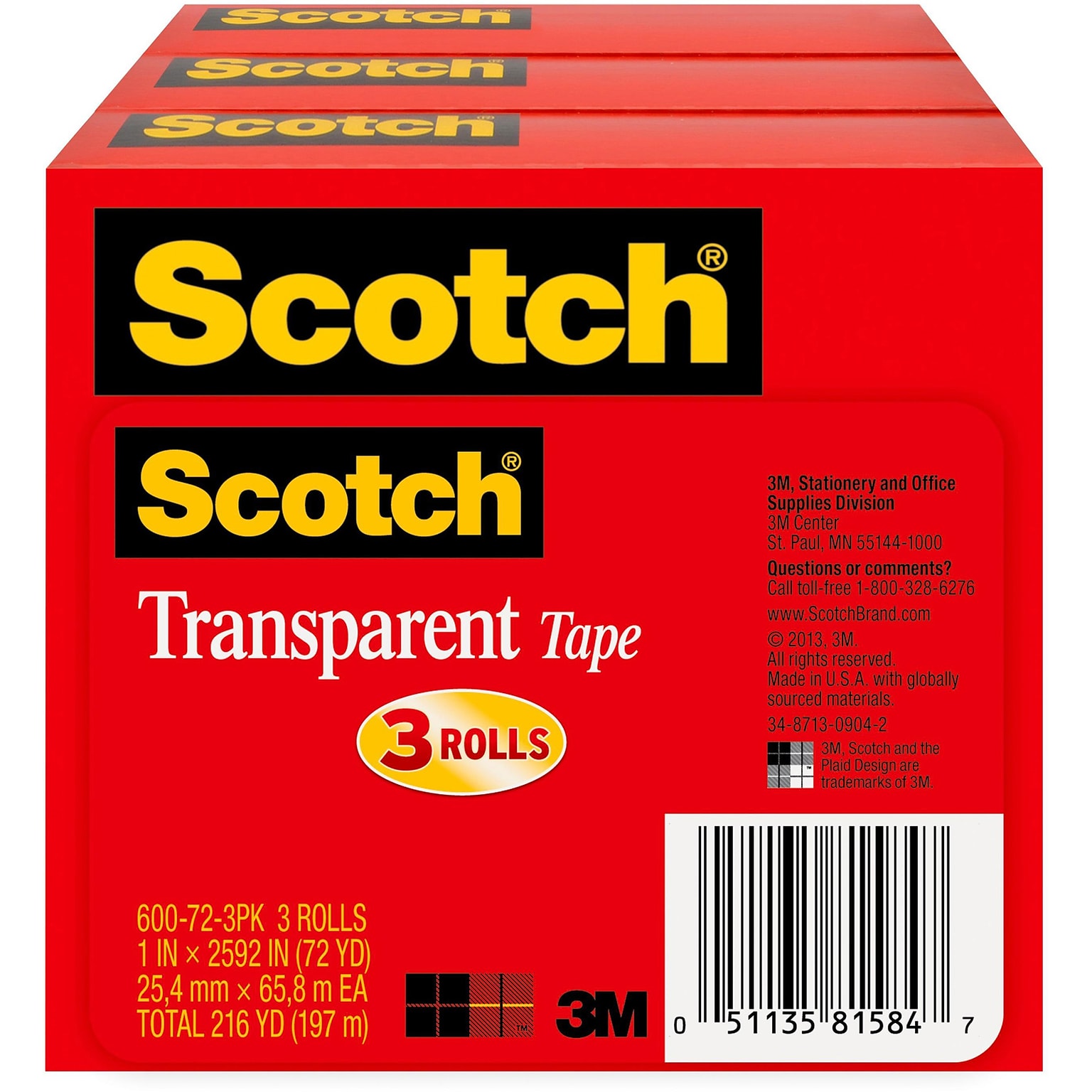 Scotch Transparent Clear Tape Refill, 1 x 72 yds., 3 Core, Clear, 3 Rolls/Pack (600-72-3PK)