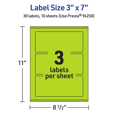 Avery Laser/Inkjet Multipurpose Rectangle Labels, 3" x 7", Bright Green, 30/Pack (94250)