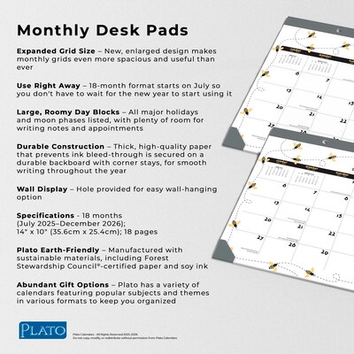 2025-2026 Plato Busy Bees 14" x 10" Academic Monthly Desk Pad Calendar (9798330700035)