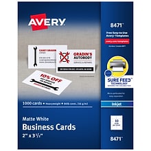 Avery Inkjet Business Cards, 2 x 3.5, White, 1,000/Box (08471)