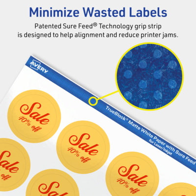 Avery TrueBlock Laser/Inkjet Round Multipurpose Labels, 1.25" Dia., White, 300 Labels/Pack (94505)
