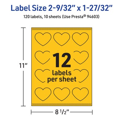 Avery Heart Laser/Inkjet Multipurpose Labels, 2-9/32" x 1-27/32", Bright Yellow (120/Pack)