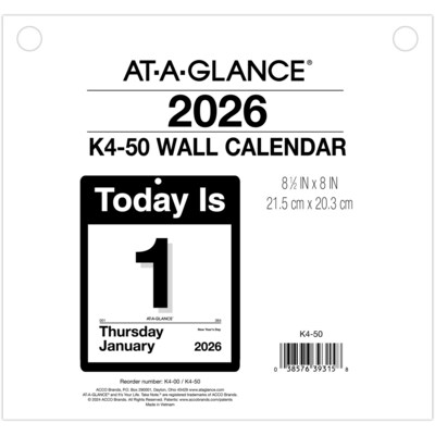2026 AT-A-GLANCE Today Is 8.5" x 8" Daily Calendar Refill Pages, White/Black (K4-50-26)