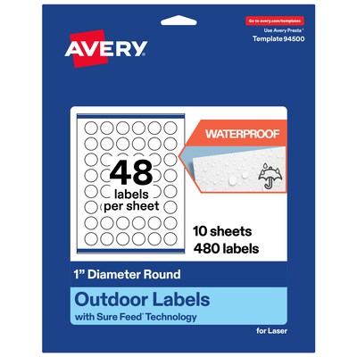Avery Waterproof Round Laser Multipurpose Labels, 1 Dia., White, 480/Pack (19479399400)