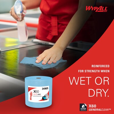WypAll GeneralClean X60 Jumbo Fabric Cleaning Wipers, 13.4" x 12.5", Blue, 1100 Sheets/Roll, 1100 Wipers/Box (34965)