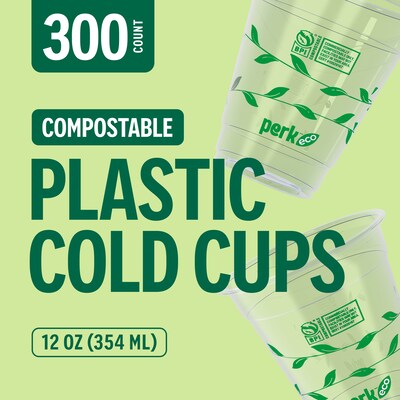 Perk™ Eco Compostable Plastic Cold Cup, 12 Oz., Clear/Green, 300/Carton (PK56195)