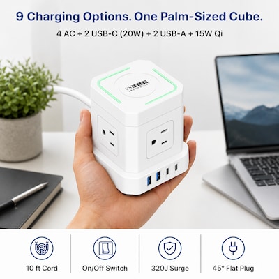 Uncaged Ergonomics Wireless Cube Power Strip with 15W Wireless Charger, 4 AC Outlets, 4 USB Ports, 10 Cord, White (WC-10-W)
