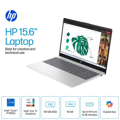 HP 15.6 FHD Laptop, CoPilot, Intel Core i7-1355U, 16GB RAM, 512GB SSD, Backlit Keyboard, +9.75 hour