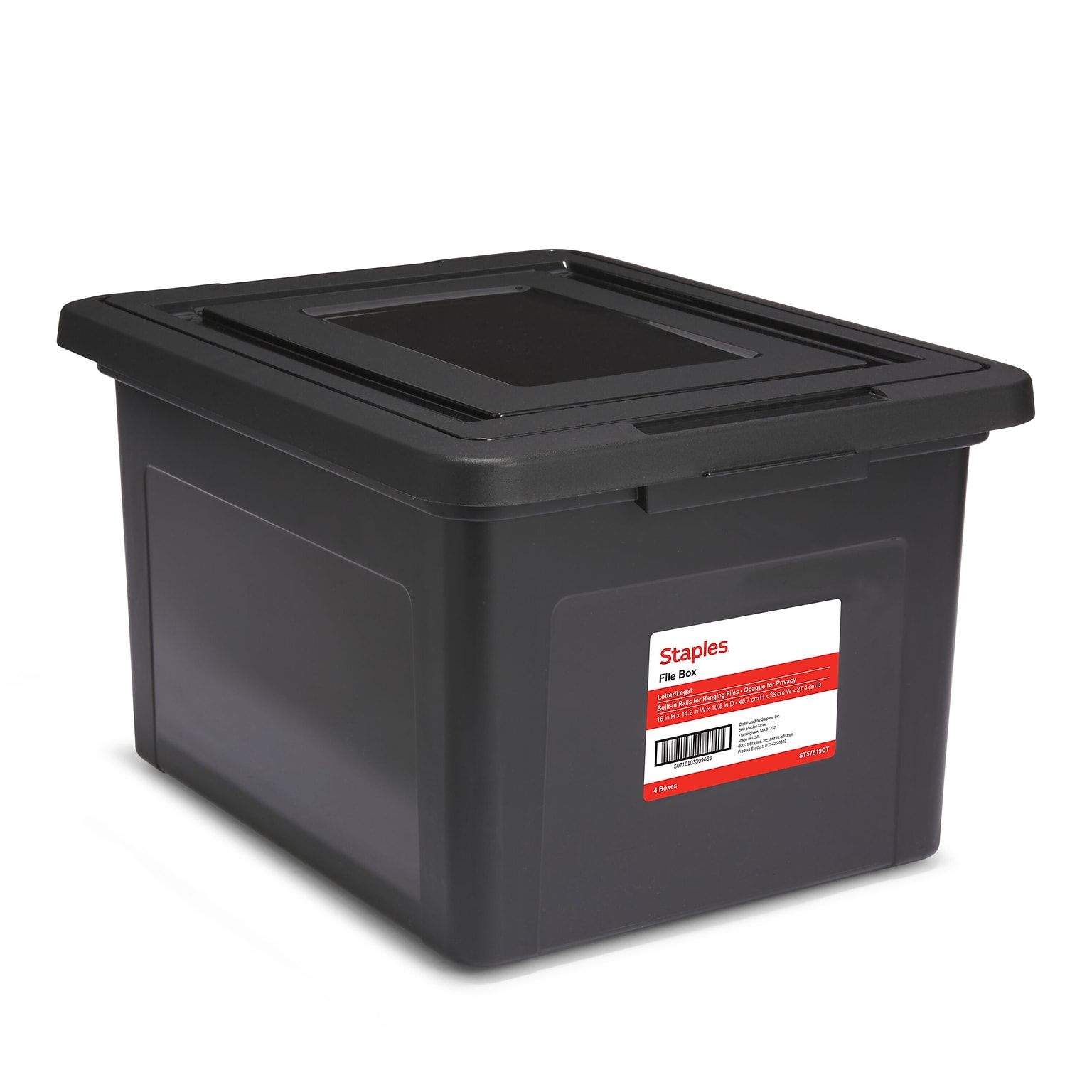 TRU RED™ Hanging File Box, Snap Lid, Letter/Legal Size, Black, 4/Carton (TR57619CT)