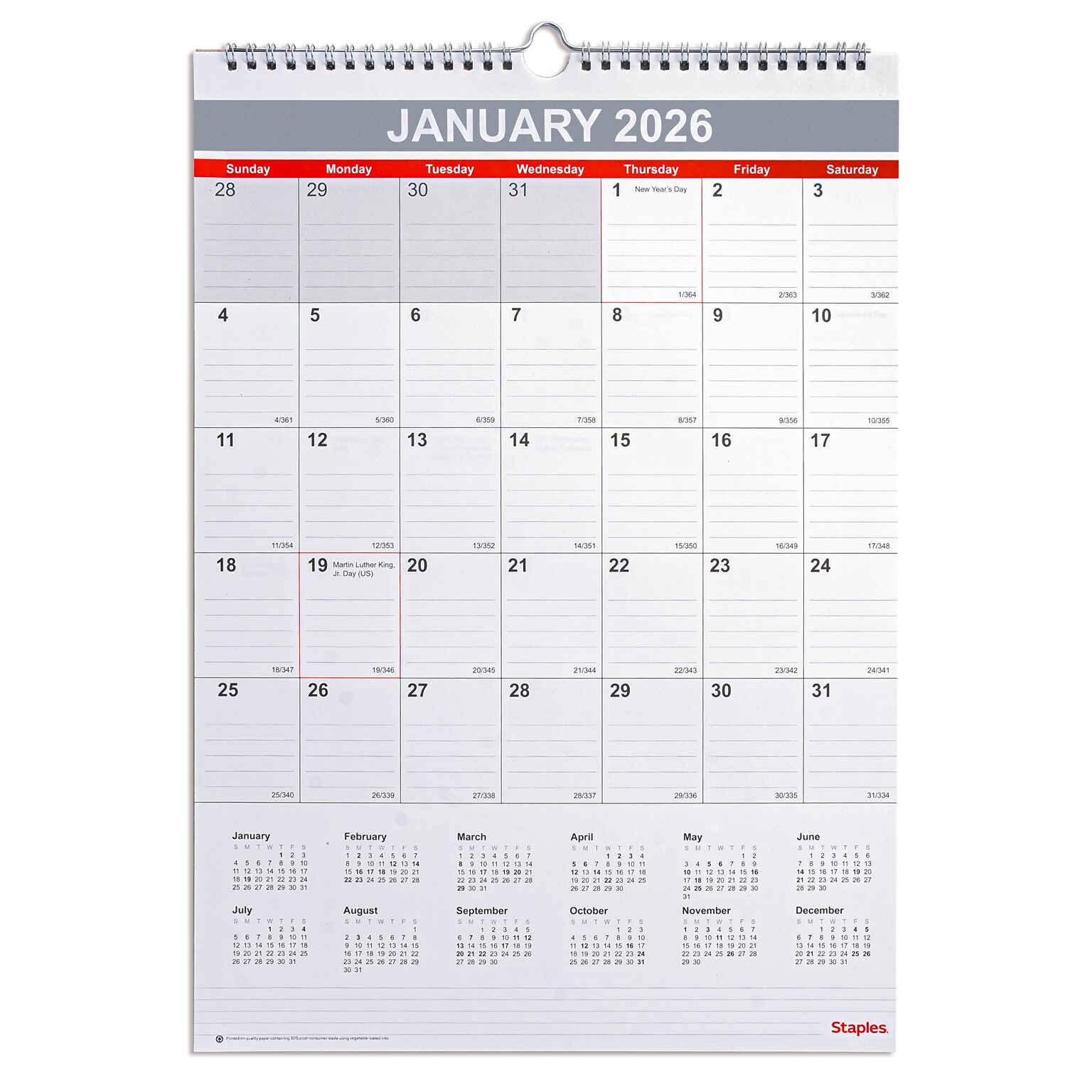 2026 Staples 12 x 17 Monthly Wall Calendar, White/Red/Gay (ST53913-26)