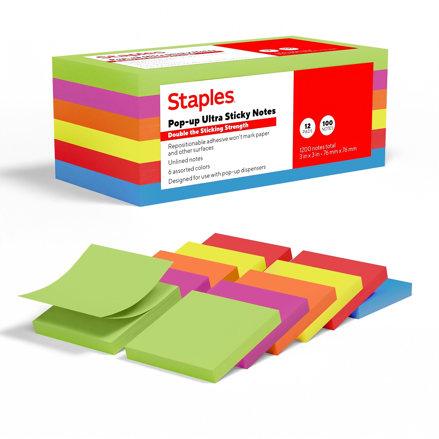 Staples Pop-up Ultra Sticky Notes, 3 x 3, Summer Breeze Collection, 100 Sheets/Pad, 12 Pads/Pack (ST62893)
