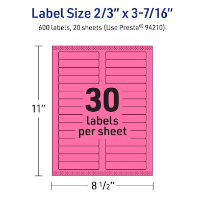 Avery Rectangle Laser/Inkjet Multipurpose Labels, 2/3" x 3-7/16", Bright Pink (600/Pack)