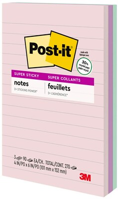 Post-it Recycled Super Sticky Notes, 4" x 6", Wanderlust Pastels Collection, Lined, 90 Sheets/Pad, 3 Pads/Pack (660-3SSNRP)