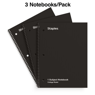 Staples 1-Subject Notebook, 8.5" x 10.5", College Ruled, 70 Sheets, Black, 3/Pack (ST58373)