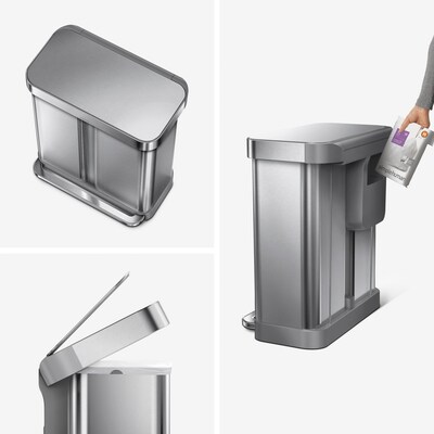 simplehuman 58L Dual Compartment Recycler with Liner Pocket, Brushed Stainless Steel, Indoor Step Trash Can, 15 Gallons (CW2116)