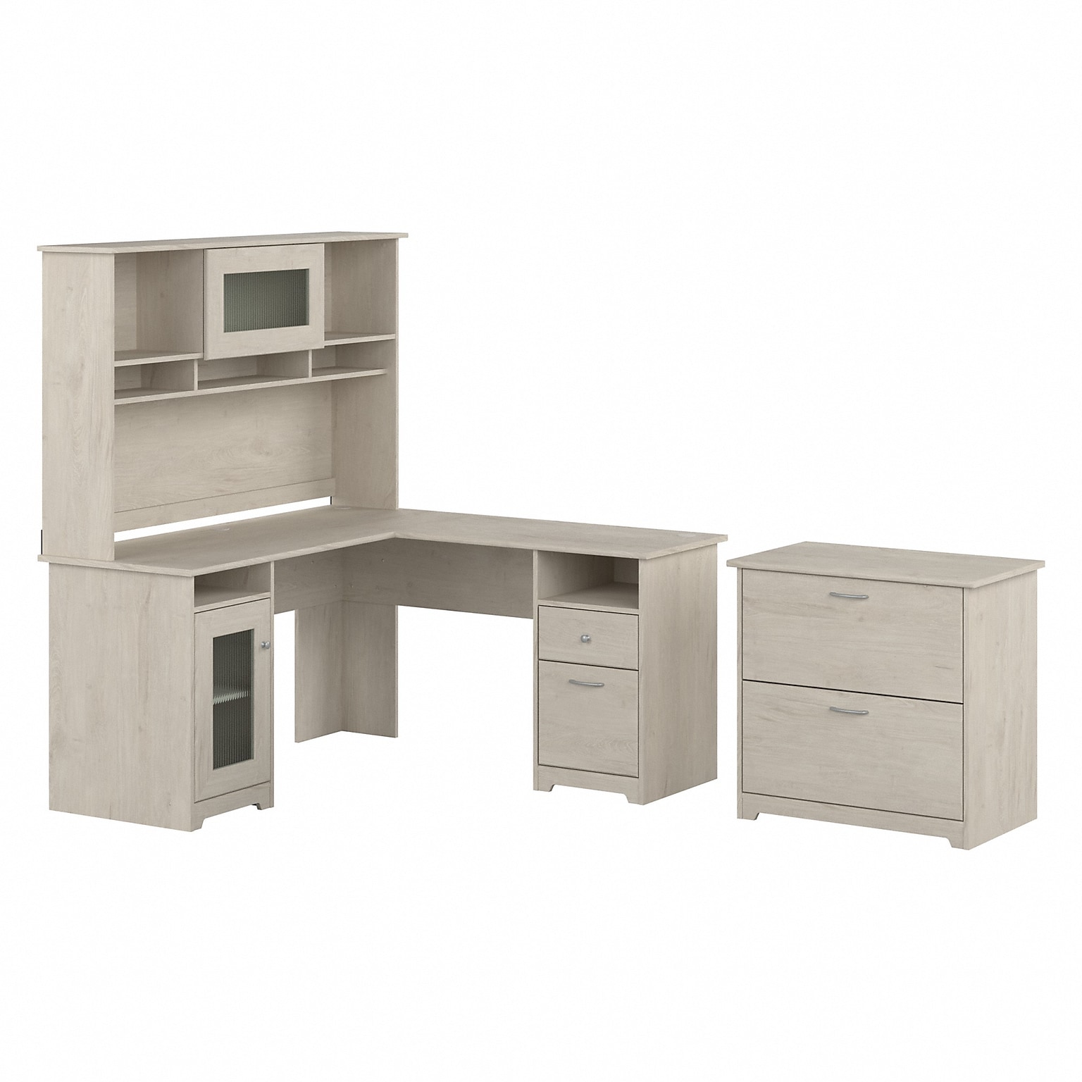 Bush Furniture Cabot 60W L Shaped Computer Desk with Hutch and Lateral File Cabinet, Linen White Oak (CAB005LW)