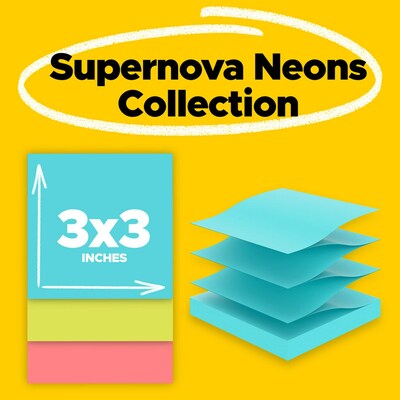 Post-it Pop-up Super Sticky Notes, 3 x 3, Supernova Neons Collection, 90 Sheets/Pad, 18 Pads/Pack