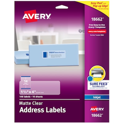 Avery Easy Peel Inkjet Address Labels, 1-1/3 x 4, Clear, 14 Labels/Sheet, 10 Sheets/Pack (18662)