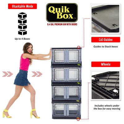 Dbest Quik Box Medium Stackable Folding Plastic Storage Bin, 12" x 11" x 12", 33.6 Qt., Black, 3/Pack (01-932)