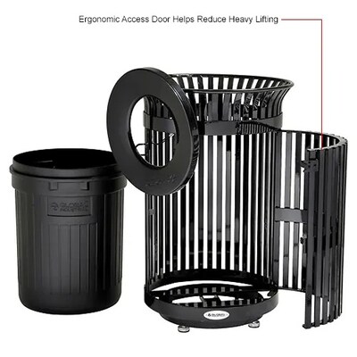 Global Industrial Outdoor Heavy-Duty Slatted Steel Trash Can w/ Door, 36 Gal., Black (641630BK)