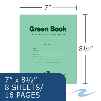 Roaring Spring Paper Products Exam Notebooks, 7 x 8.5, Wide Ruled, 8 Sheets, Green, 600/Case (7750