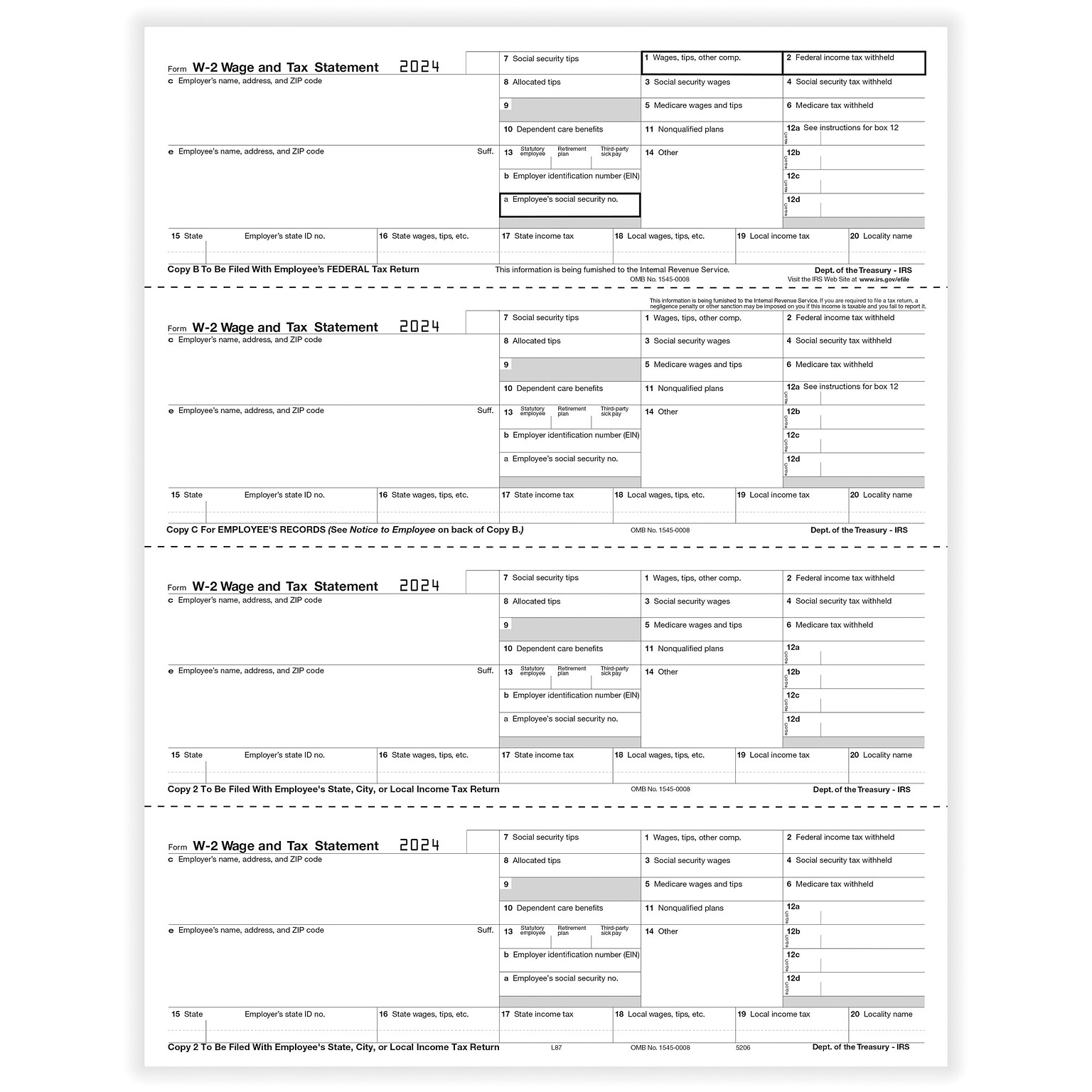 ComplyRight 2024 W-2 Tax Form, 4-Part, 4-Up, Employee Copy, 50/Pack (520650)