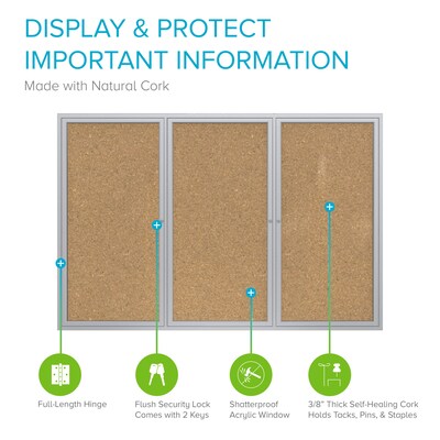 Ghent 3 Door Enclosed Natural Cork Bulletin Board, Satin Aluminum Frame, 3H x 6W, (GHEPA33672K)