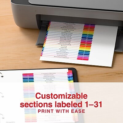 Staples Customizable Table of Contents Numeric Dividers, 1–31 Tabs, Multicolor