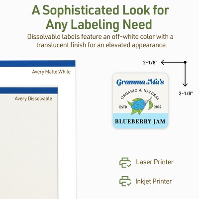 Avery Dissolvable Square Multipurpose Labels, 2-1/8" x 2-1/8", Off-white, 120/Pack (94105)