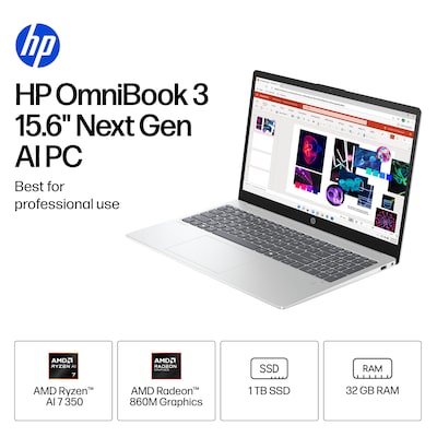 HP OmniBook 3 15.6 FHD Laptop, Copilot+ PC, AMD Ryzen AI 7 350, 32GB RAM, 1TB SSD, +11.5 Hour Battery, Windows 11 Home