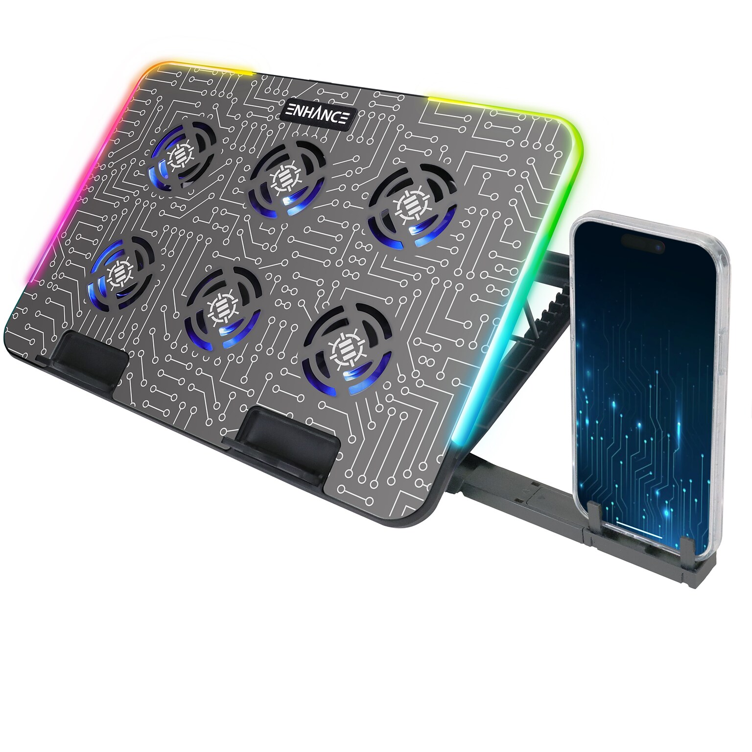 Enhance Voltaic 2 Adjustable Laptop Cooling Pad Stand with 6 Fans, 2 USB Ports, RGB Lighting (ENVOC62100CLWS)