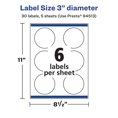 Avery Laser/Inkjet Round Multipurpose Labels, 3" Dia., White, 30 Labels/Pack (94513)