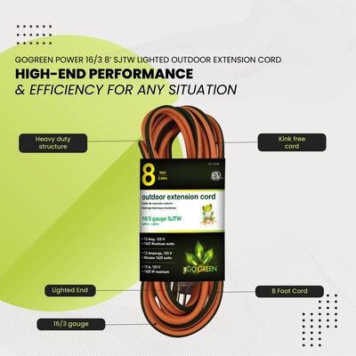 GoGreen Power 16/3 8' Heavy Duty Extension Cord, Lighted End, Orange (GG-13708)