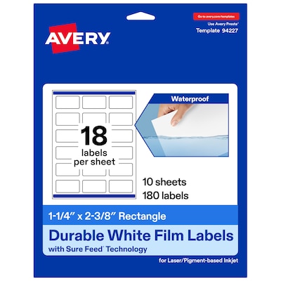 Avery Laser/Inkjet Waterproof Multipurpose Rectangle Labels, 1.25 x 2.375, White, 180 Labels/Pack (94227)