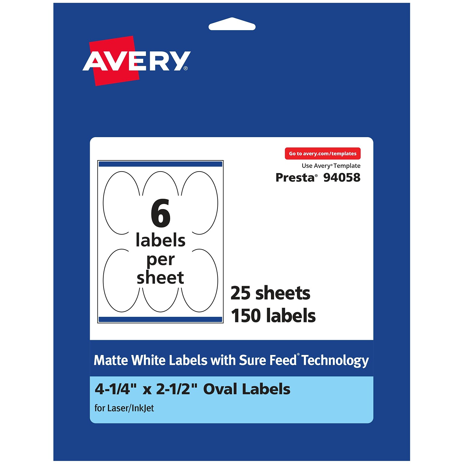 Avery Laser/Inkjet Oval  Multipurpose Labels, 2.5  Dia, Matte White, 150/Pack (94058)