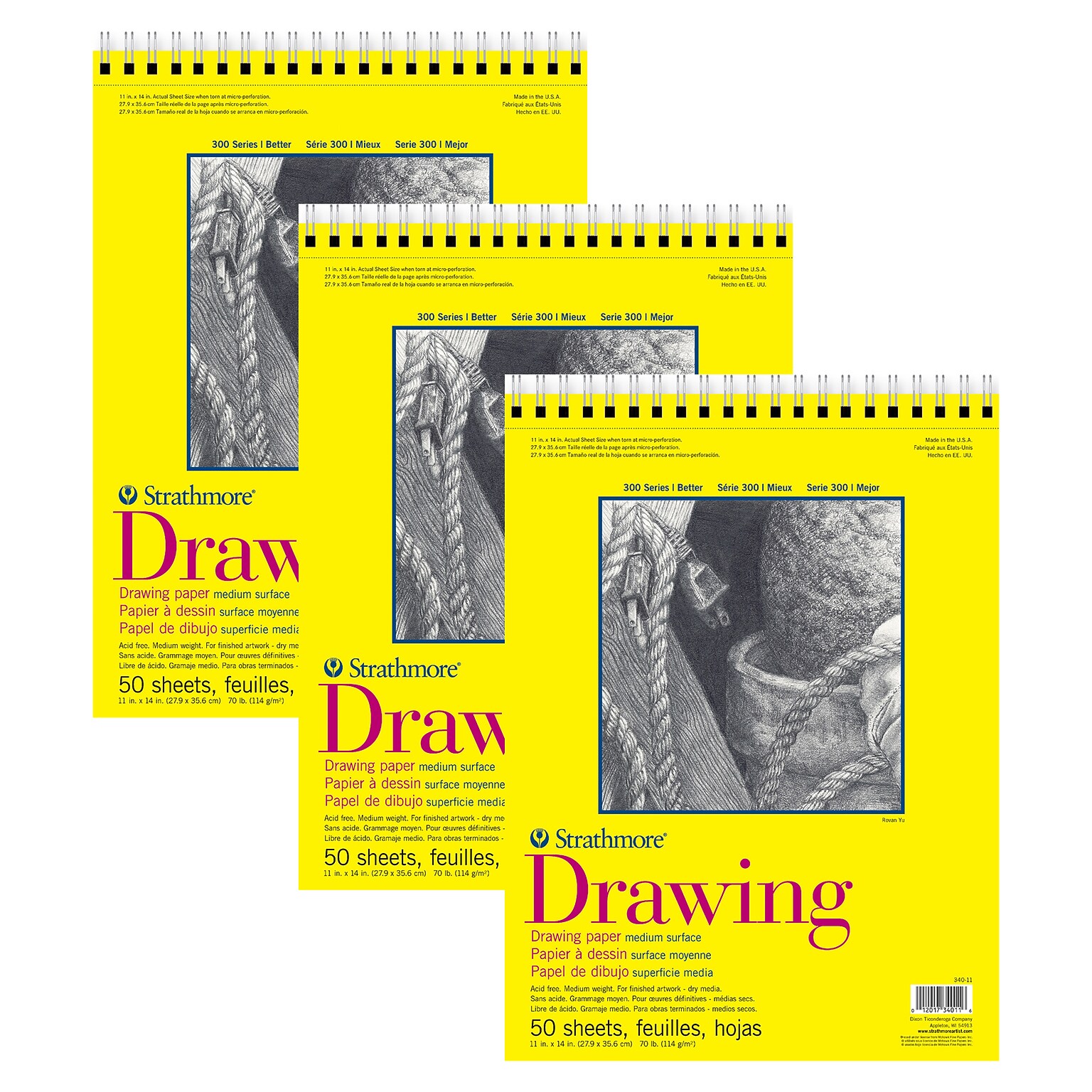 Strathmore 300 Series 11 x 14 Wire Bound Drawing Sketch Pad, 50 Sheets/Pad, 3/Bundle (STTP3401103-3)