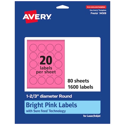 Avery Round Laser/Inkjet Multipurpose Labels, 1-2/3 Dia, Bright Pink (1600/Box)