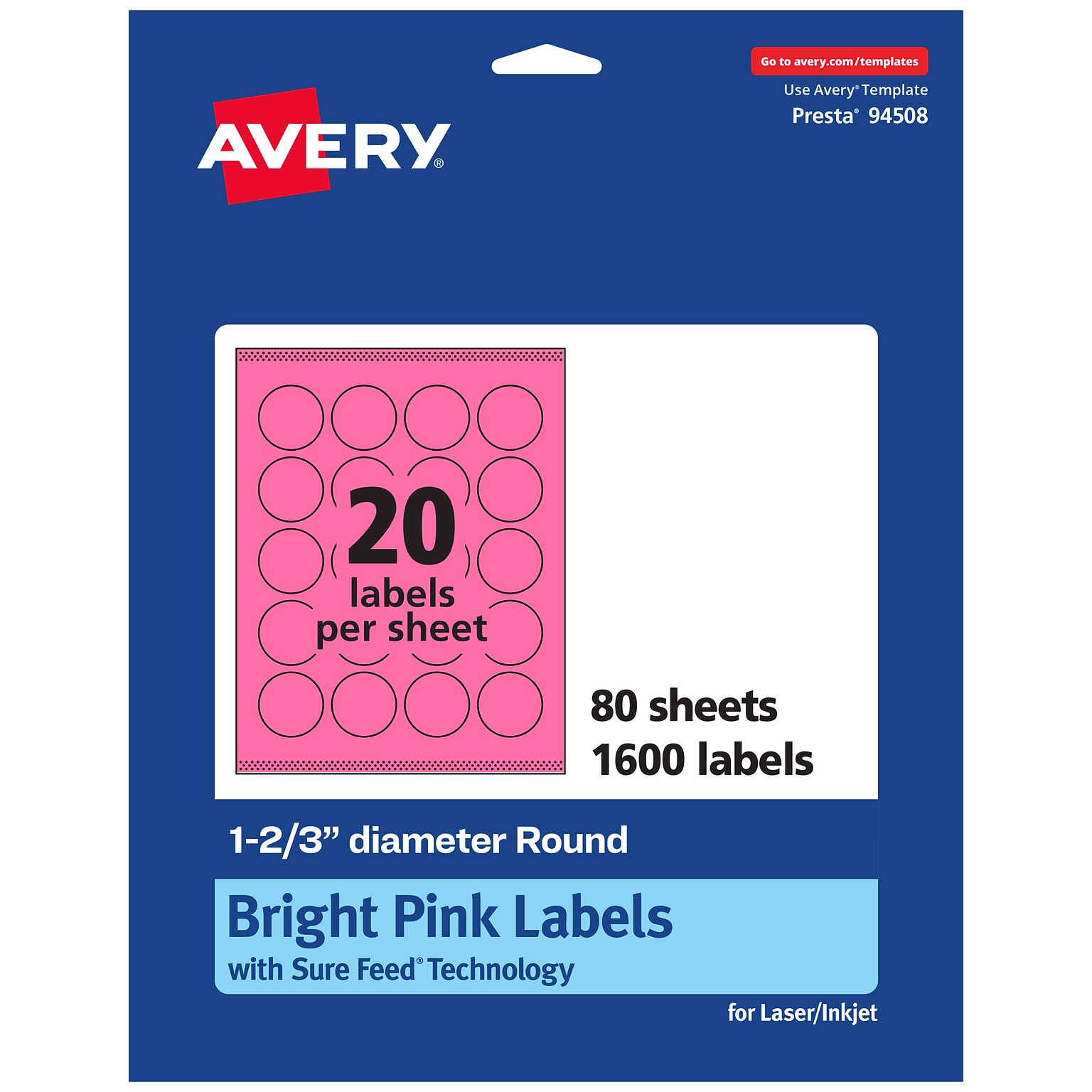 Avery Round Laser/Inkjet Multipurpose Labels, 1-2/3 Dia, Bright Pink (1600/Box)