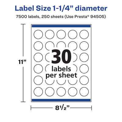Avery Laser/Inkjet Round Multipurpose Labels, 1.25" Dia., White, 7500 Labels/Box (94505)