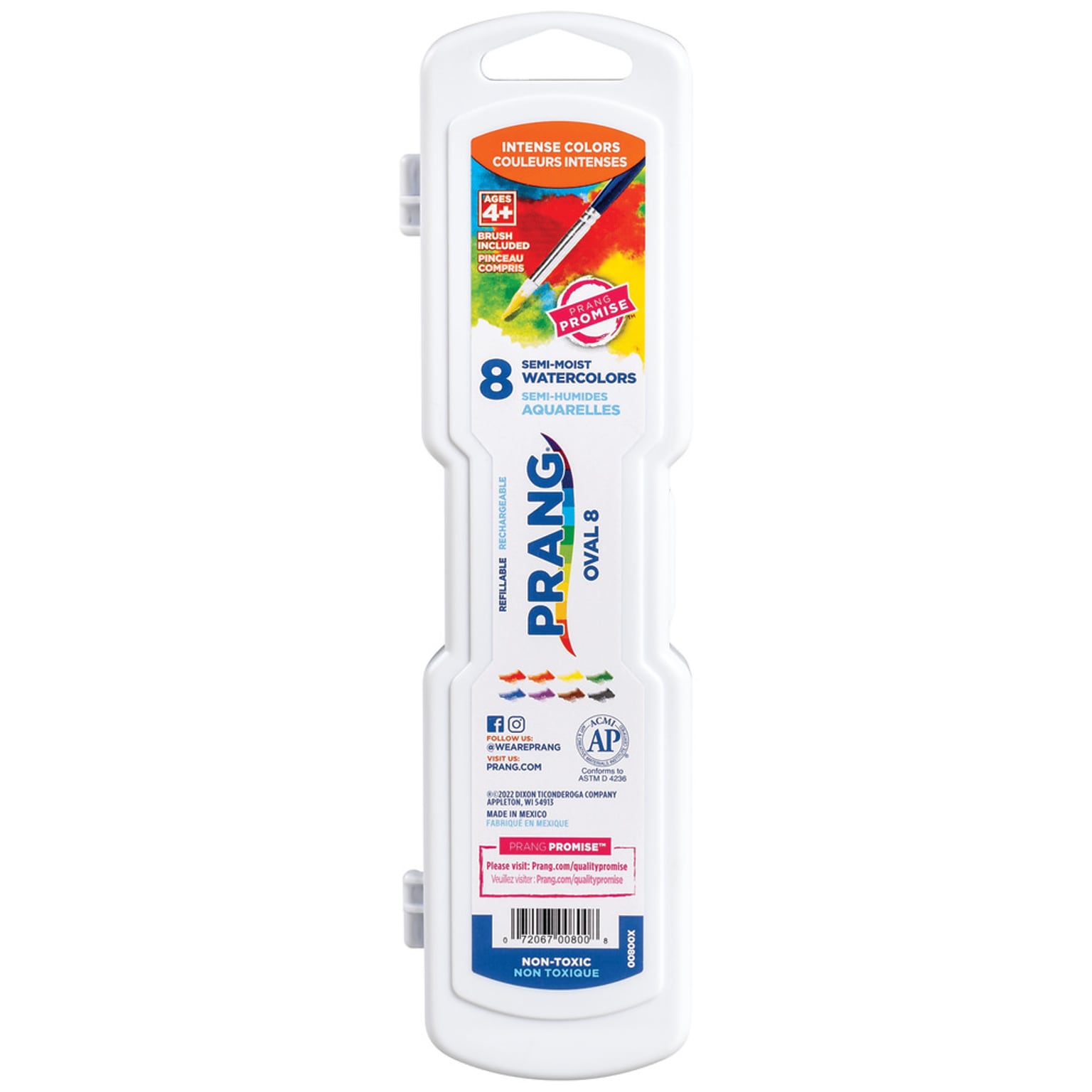 Prang Semi-Moist Washable Watercolor Paint with Brush, Assorted Colors, 8 Colors/Set (X00800)
