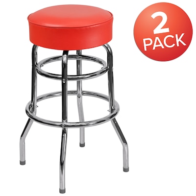 Flash Furniture Bruno Traditional Vinyl/Metal Double Ring Barstool without Back, Chrome/Red, 2-Pieces/Pack (2XUD100RED)