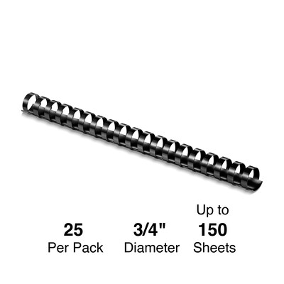 Plastic Comb Binding Spines, 3/4" Diameter, 150 Sheets, 25 Pack, Black
