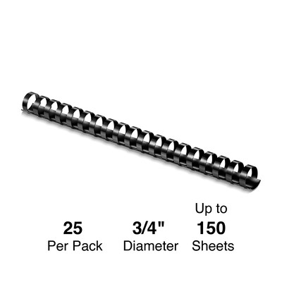 Plastic Comb Binding Spines, 3/4 Diameter, 150 Sheets, 25 Pack, Black