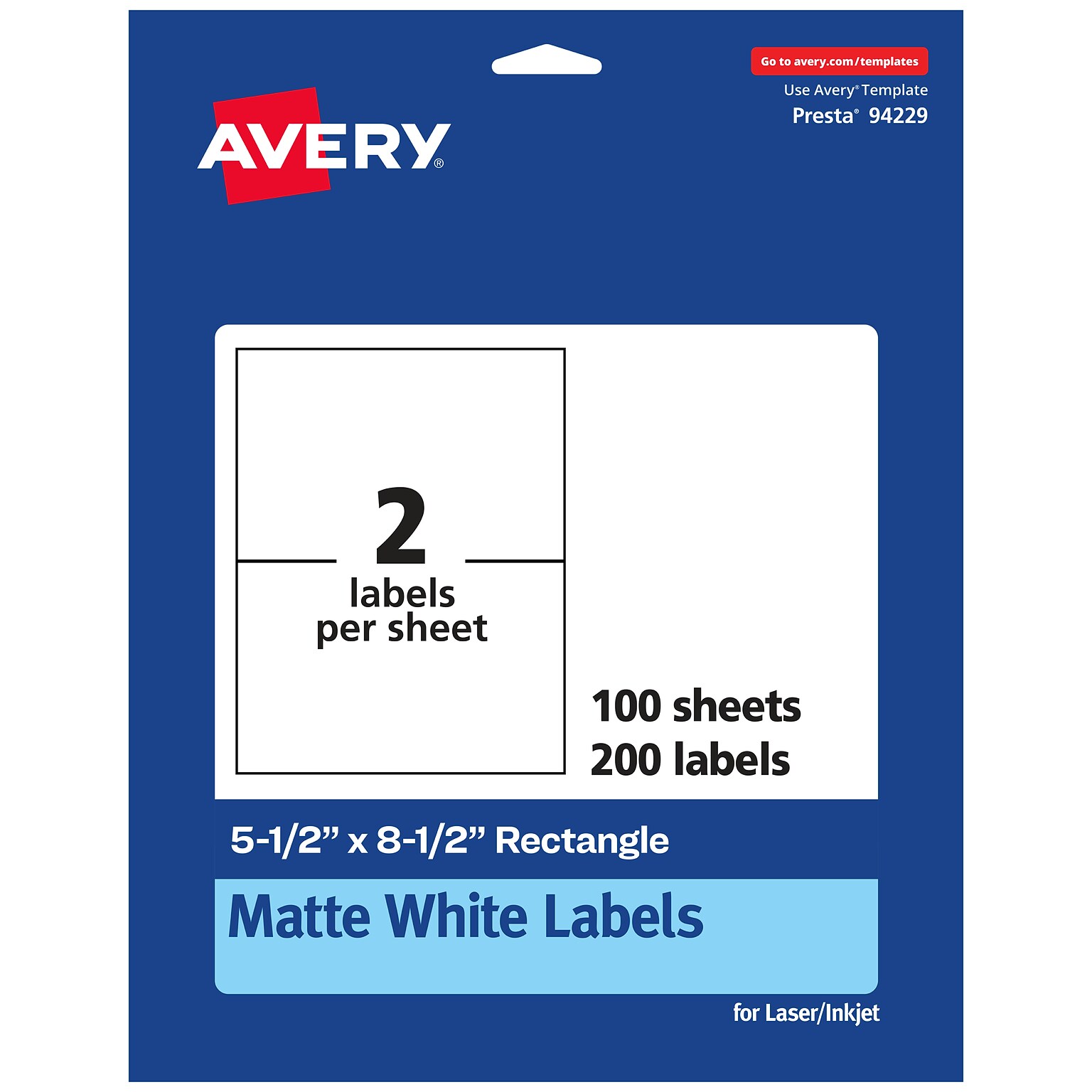 Avery Laser/Inkjet Multipurpose Rectangle Labels, 5.5 x 8.5, White, 200 Labels/Box (94229)